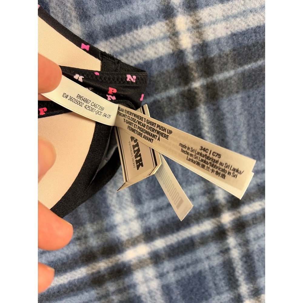 Victoria's Secret PINK Wear Everywhere T-Shirt Push Up Bra Black Logo 34C 7A6A - Picture 6 of 6